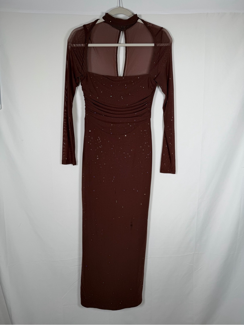 Whimsigoth Fairy Grunge Celestial Y2K Sheer Long Sleeve Maxi‎ Dress - Deep Brown